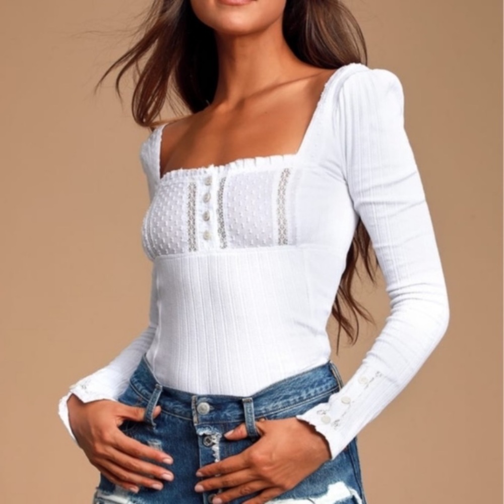 Free People Sugar Sugar White Ribbed Long Sleeve Top